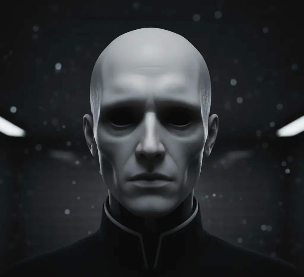 Pale ghostly figure in dark clothing against a black background