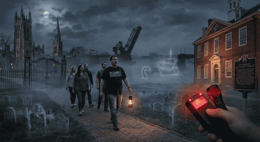Best Ghost tours in Connecticut: A lantern-lit ghost walk through Connecticut featuring iconic haunted history landmarks: the Mystic River Bascule Bridge, the Connecticut Old State House in Hartford, and the Gothic spires of Yale University in New Haven