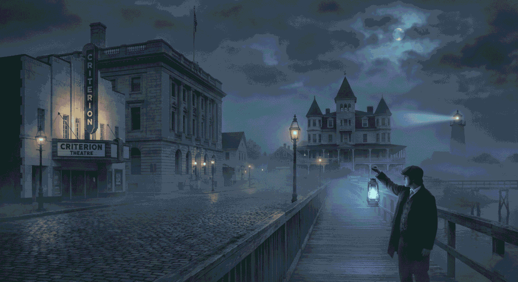 Best ghost tours in Maine: Haunted ghost tour in Maine featuring iconic landmarks like the Portland U.S. Custom House and Bar Harbor’s Criterion Theatre under a moonlit, misty sky with a traditional blue lantern guide.